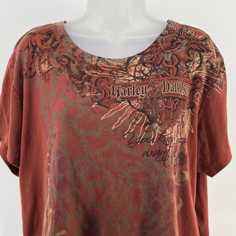Harley-Davidson Womens Graphic Tee XL Burnt Rust Tattoo Live to Ride, Boho Moto